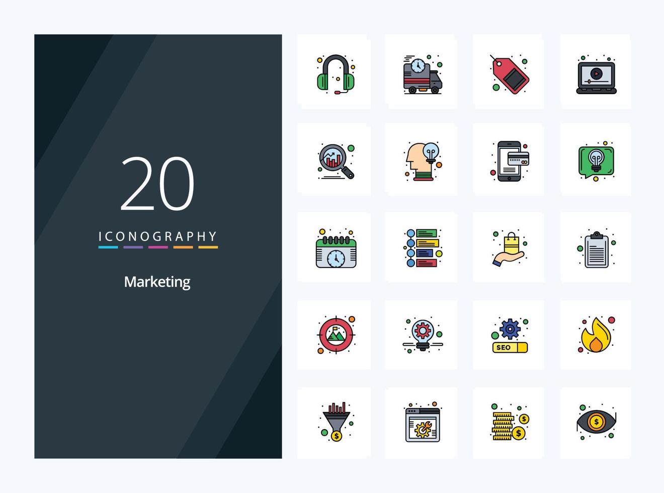 20 icono lleno de línea de marketing para presentación vector