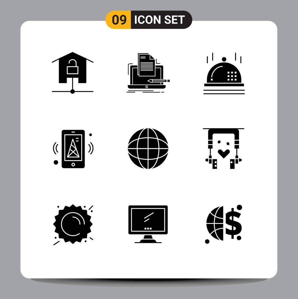 Modern Set of 9 Solid Glyphs Pictograph of map router list iot dinner Editable Vector Design Elements
