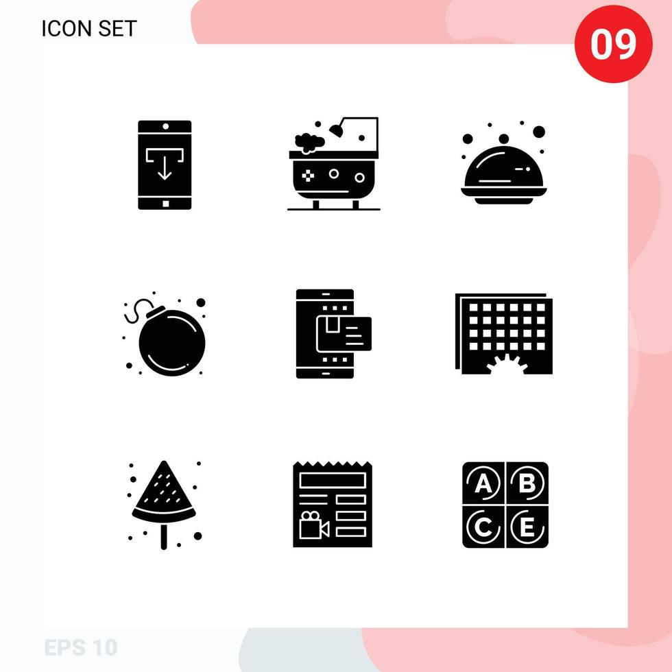 9 Thematic Vector Solid Glyphs and Editable Symbols of ecommerce bomb shower alert party Editable Vector Design Elements