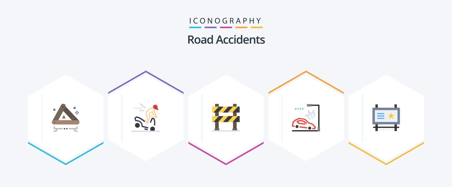 accidentes de tráfico 25 paquete de iconos planos que incluye tablero de anuncios. chocar. barrera. auto. bajo construcción vector