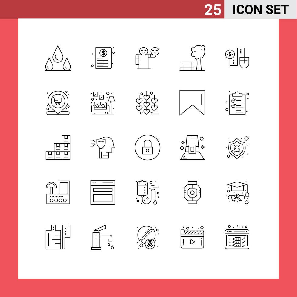 25 Universal Lines Set for Web and Mobile Applications connect tree man park bench Editable Vector Design Elements