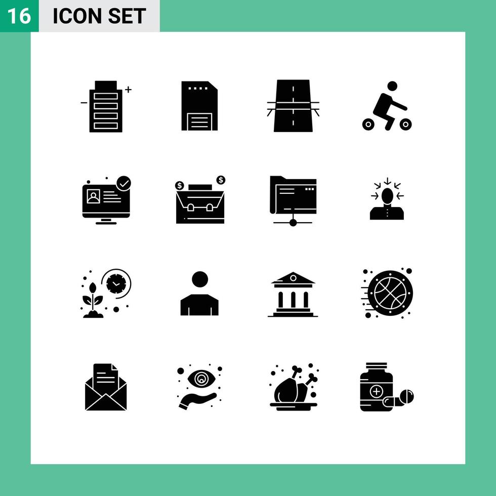 Group of 16 Modern Solid Glyphs Set for transport riding paper bicycle grid Editable Vector Design Elements