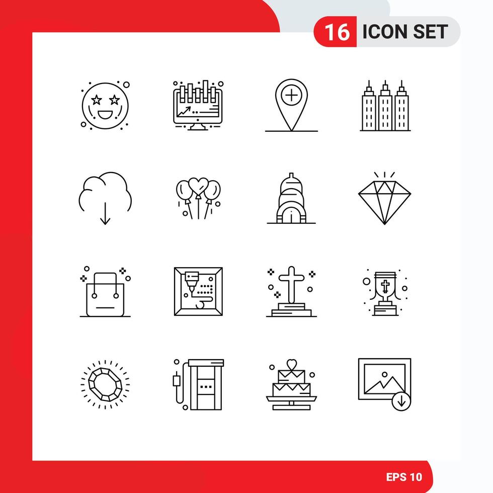 Set of 16 Modern UI Icons Symbols Signs for server download plus data tower Editable Vector Design Elements