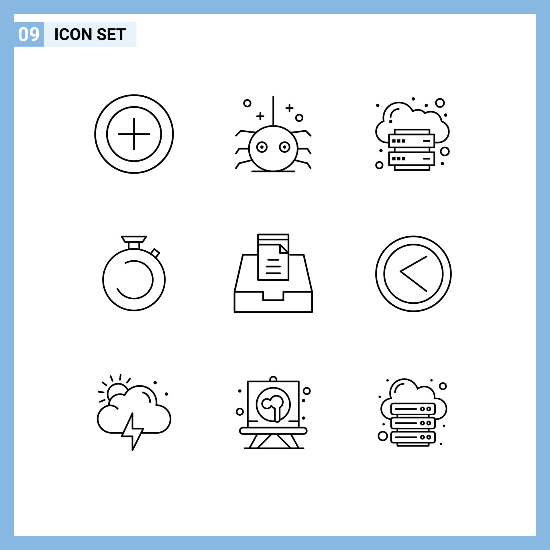 Outline Pack of 9 Universal Symbols of inbox timer hosting stopwatch