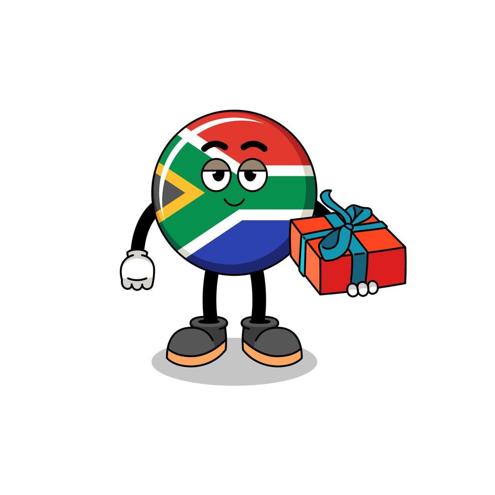 ilustración de la mascota de la bandera de sudáfrica dando un regalo vector