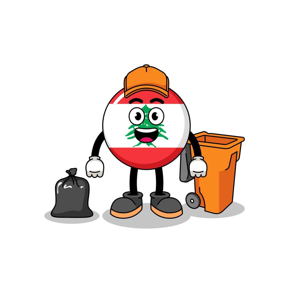 Illustration of lebanon flag cartoon as a garbage collector vector