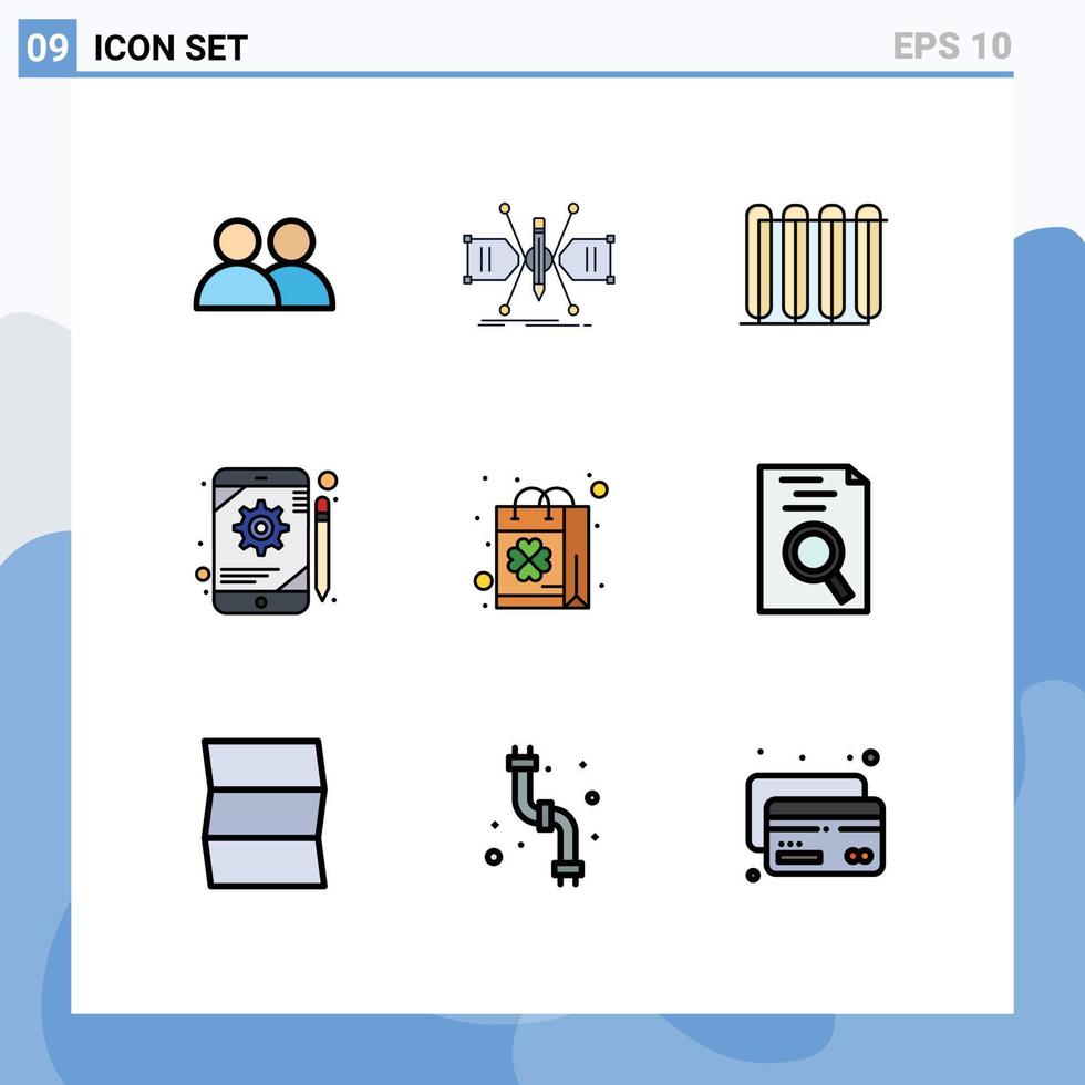 conjunto de colores planos de línea de relleno de interfaz móvil de 9 pictogramas de elementos de diseño de vector editables de radiador de aplicación de estructura de configuración de tableta