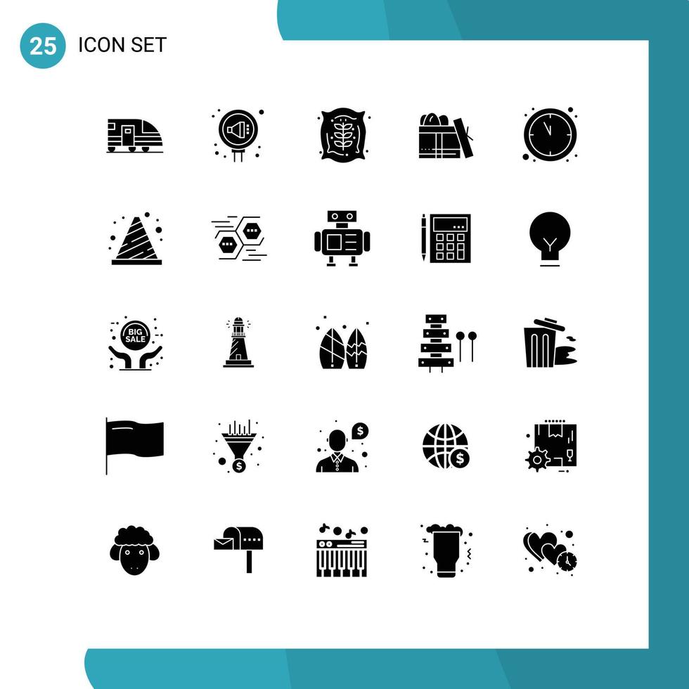 Mobile Interface Solid Glyph Set of 25 Pictograms of clock birthday reputation box farm Editable Vector Design Elements