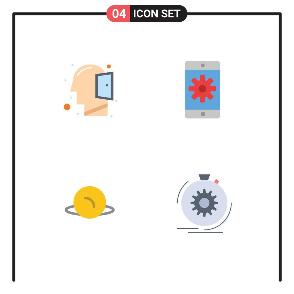 Pack of 4 creative Flat Icons of head map thinking mobile application action Editable Vector Design Elements