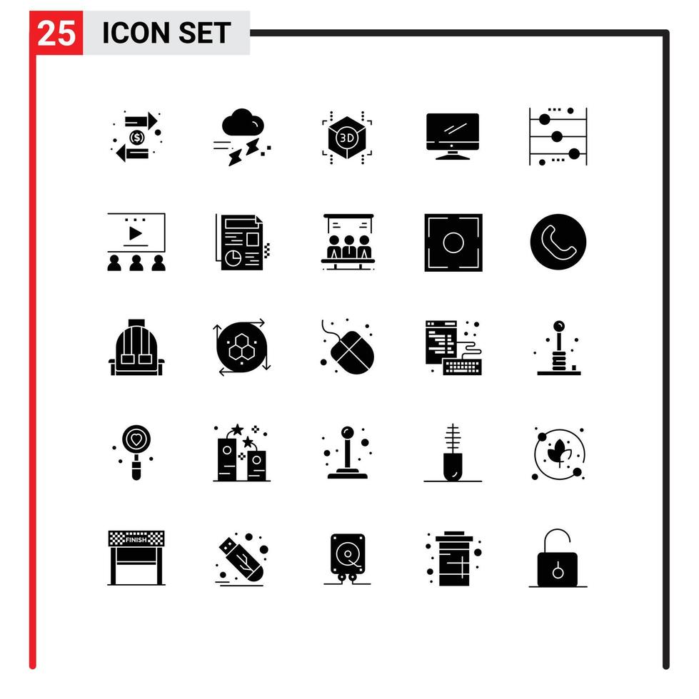 Mobile Interface Solid Glyph Set of 25 Pictograms of pc device rainy monitor shape Editable Vector Design Elements