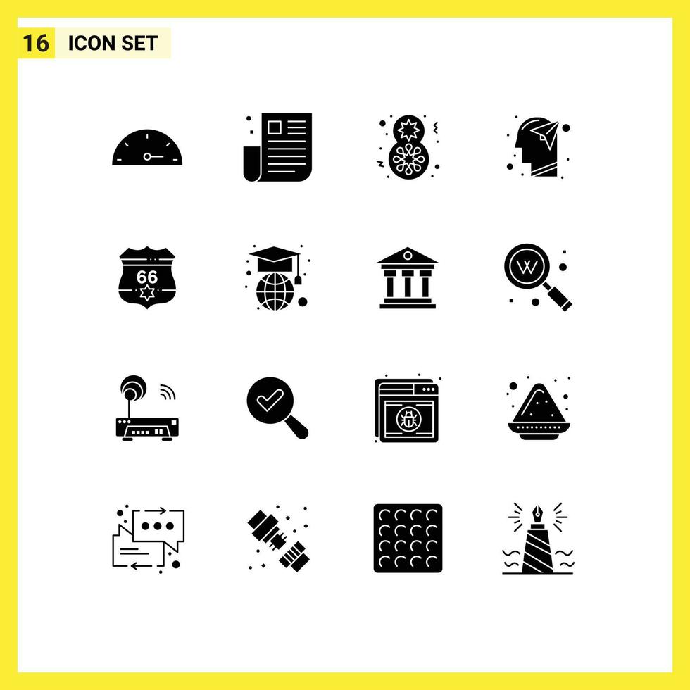 Group of 16 Solid Glyphs Signs and Symbols for american mind day imagination head Editable Vector Design Elements