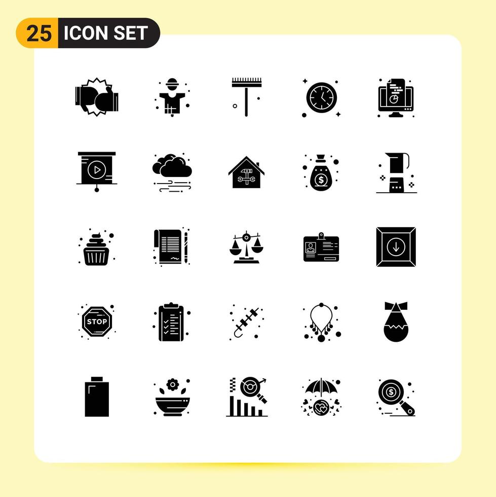 25 User Interface Solid Glyph Pack of modern Signs and Symbols of chart clock man watch rake Editable Vector Design Elements