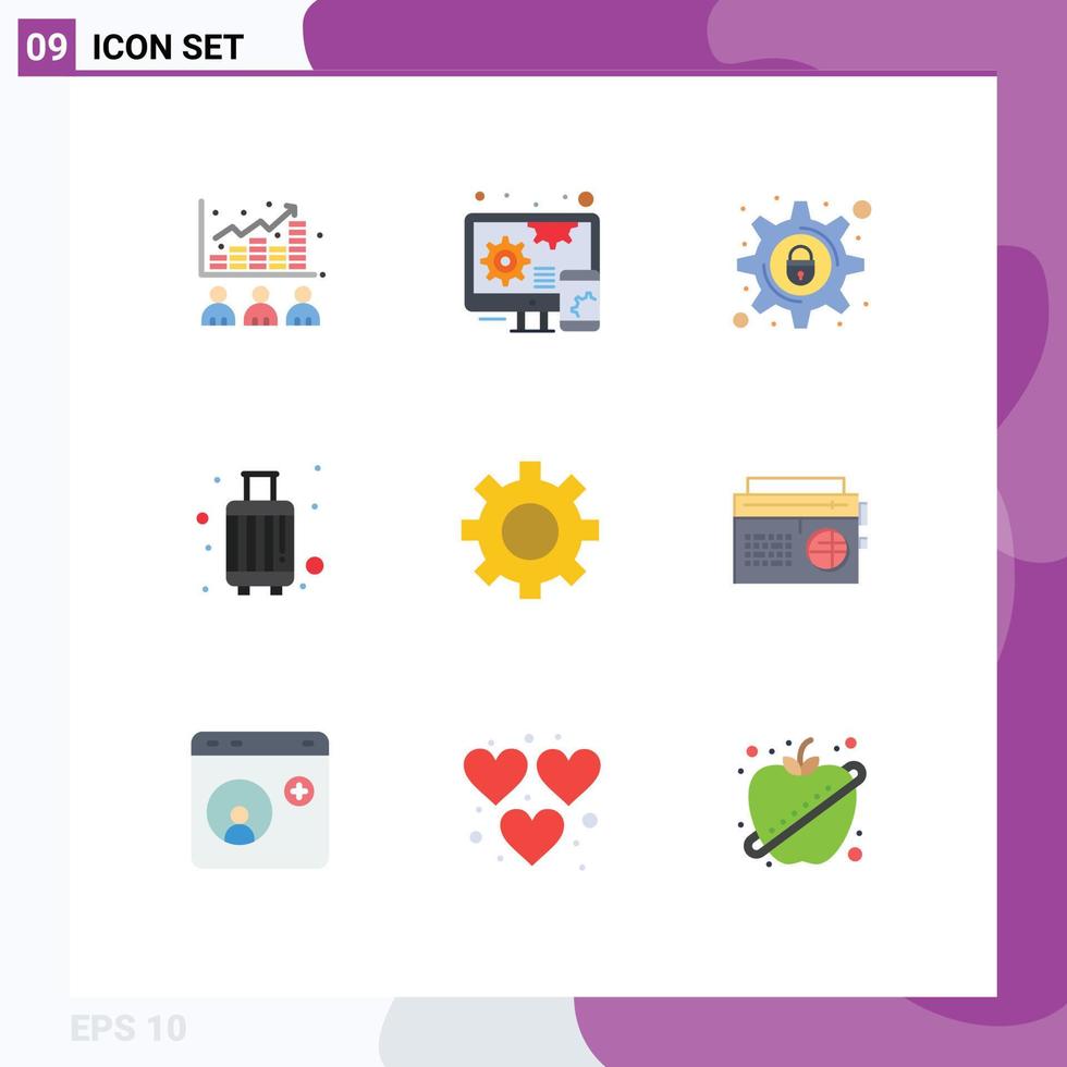 símbolos de iconos universales grupo de 9 colores planos modernos de configuración de maleta cibercrimen equipaje equipaje elementos de diseño vectorial editables vector
