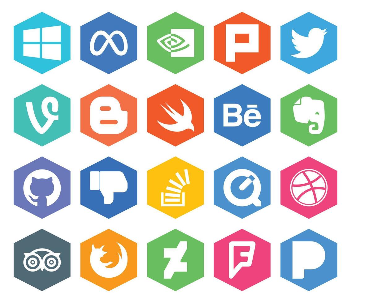Paquete de 20 íconos de redes sociales que incluye pregunta de desbordamiento blogger stockoverflow github vector