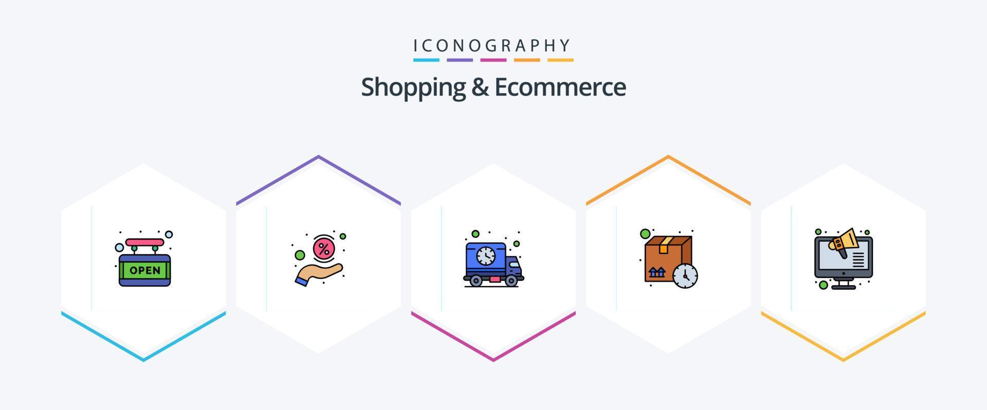 Shopping And Ecommerce 25 FilledLine icon pack including online. package. delivery. time. box vector