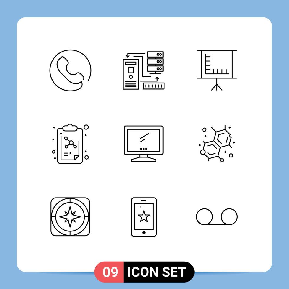 Pack of 9 creative Outlines of imac monitor blackboard computer molecule Editable Vector Design Elements