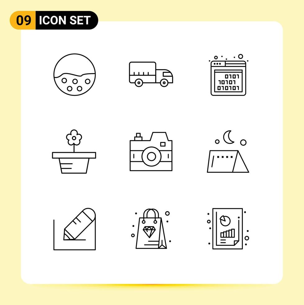 Set of 9 Modern UI Icons Symbols Signs for camera pot truck nature seo Editable Vector Design Elements