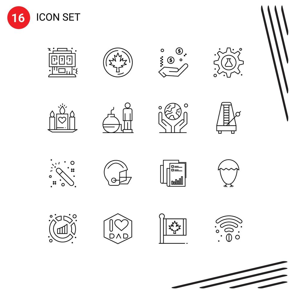 Mobile Interface Outline Set of 16 Pictograms of tube lab maple gear sign Editable Vector Design Elements