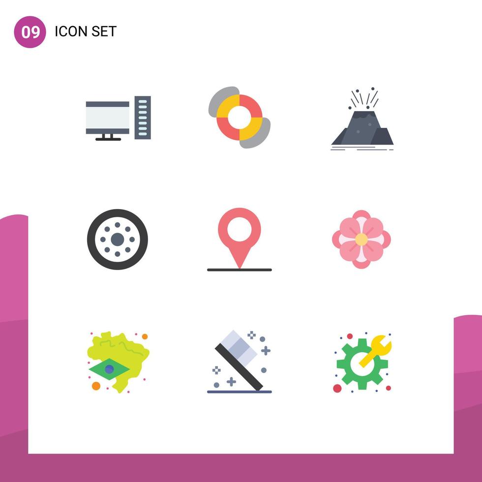 Modern Set of 9 Flat Colors Pictograph of pin wheels eruption velg accessories Editable Vector Design Elements