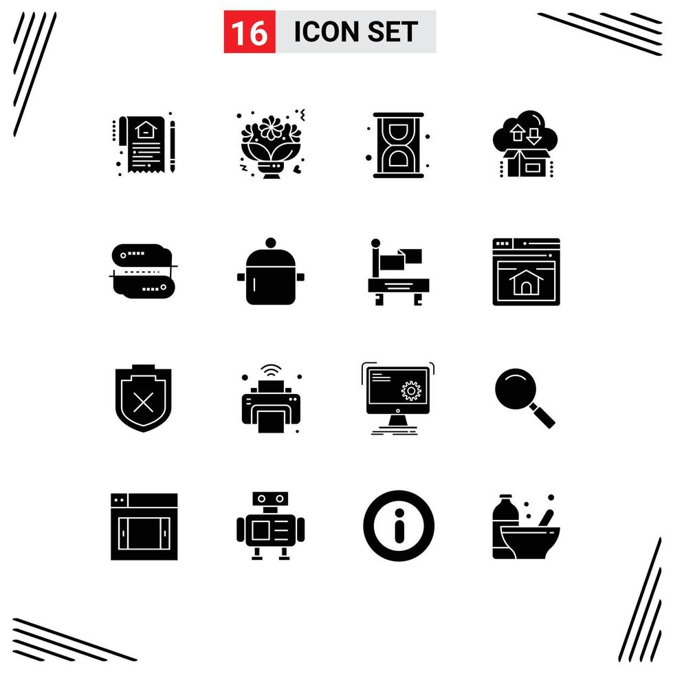 Set of 16 Vector Solid Glyphs on Grid for arrow gift romantic cloud productivity Editable Vector Design Elements