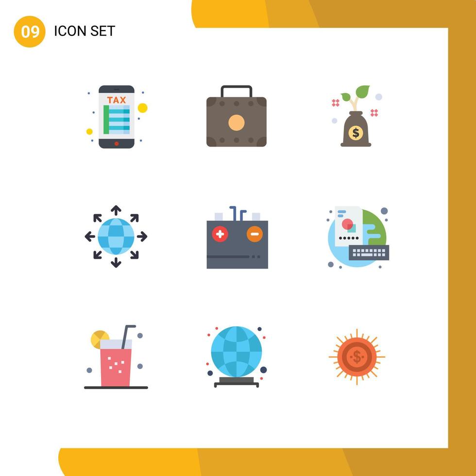 Editable Vector Line Pack of 9 Simple Flat Colors of energy charging investment charge world Editable Vector Design Elements