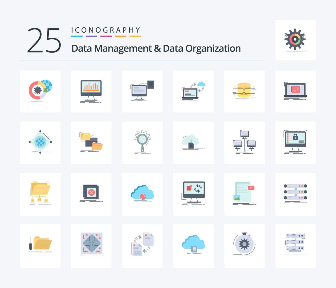 Data Management And Data Organization 25 Flat Color icon pack including data. sync. data. document. print vector