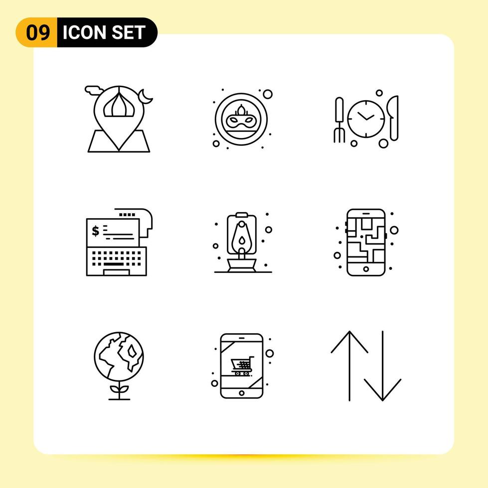 Modern Set of 9 Outlines Pictograph of lantern money mask digital digital banking Editable Vector Design Elements