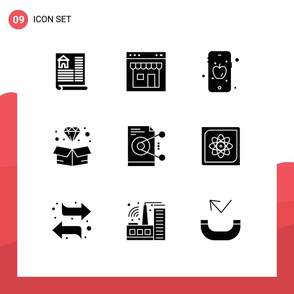 Universal Icon Symbols Group of 9 Modern Solid Glyphs of sharing file mobile jewelry gem Editable Vector Design Elements