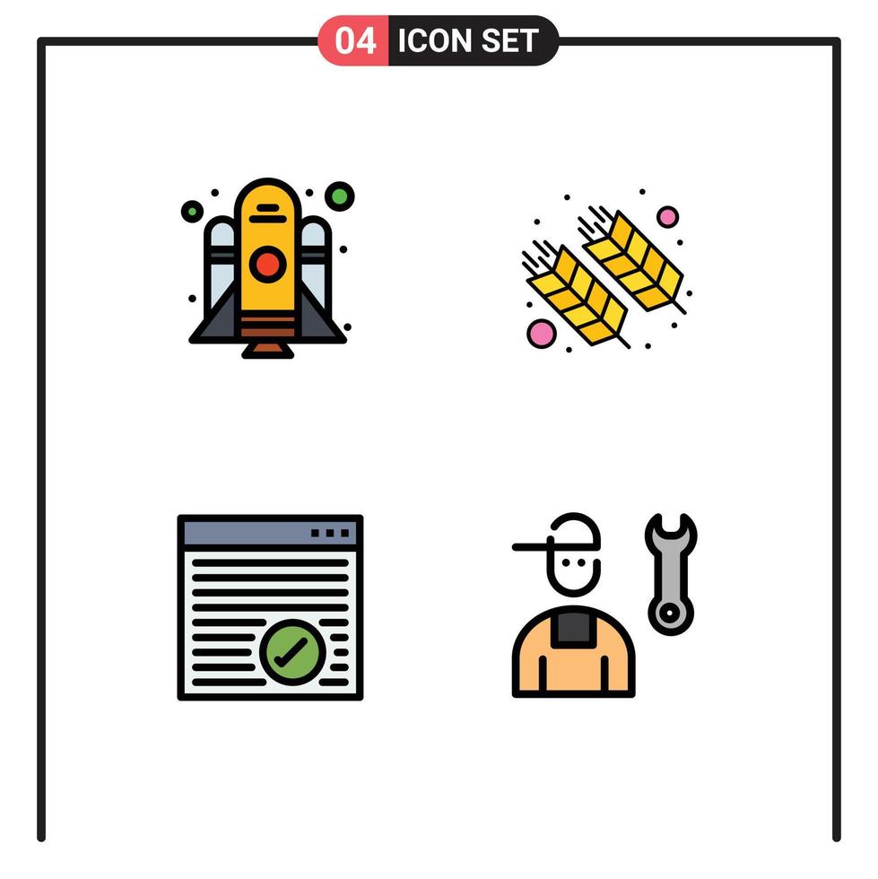 paquete de 4 signos y símbolos de colores planos de línea de relleno modernos para medios de impresión web, como elementos de diseño de vectores editables de la página web india de comida de cohetes en internet