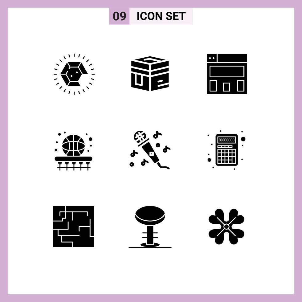 Universal Icon Symbols Group of 9 Modern Solid Glyphs of microphone learning meccah game basket Editable Vector Design Elements