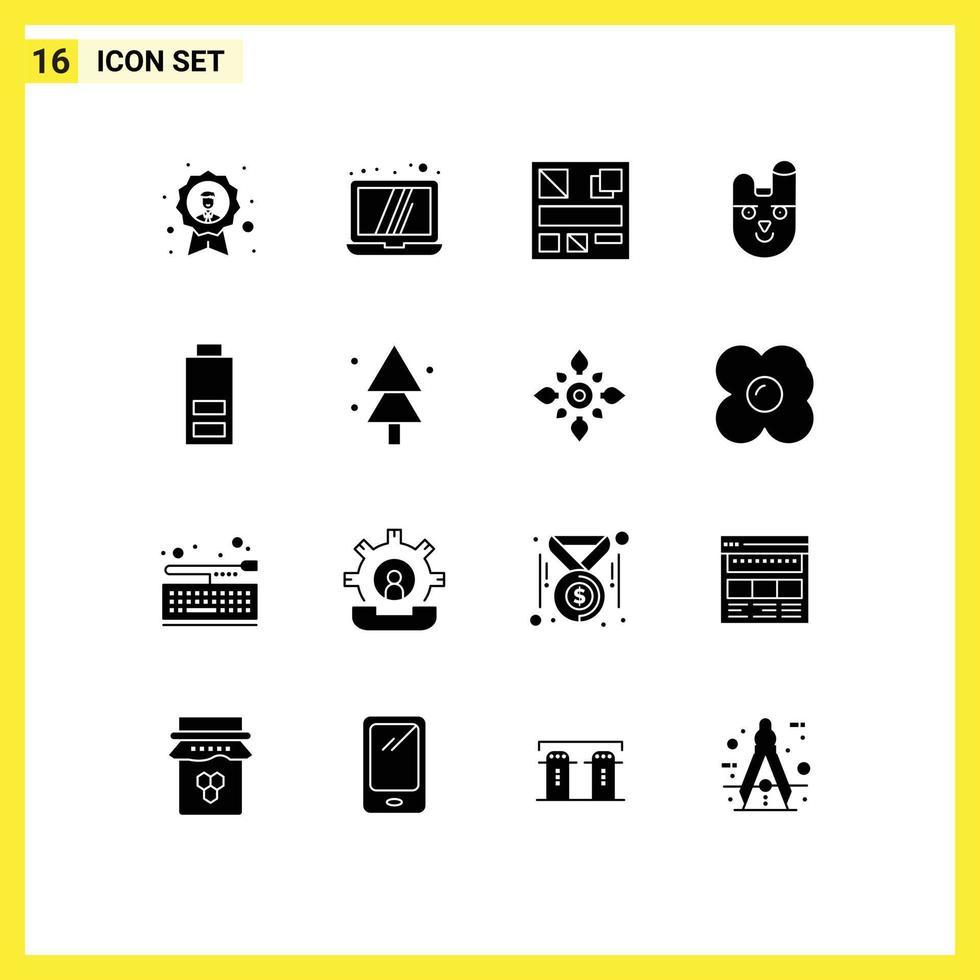 Modern Set of 16 Solid Glyphs Pictograph of multimedia battery design rabbit bunny Editable Vector Design Elements