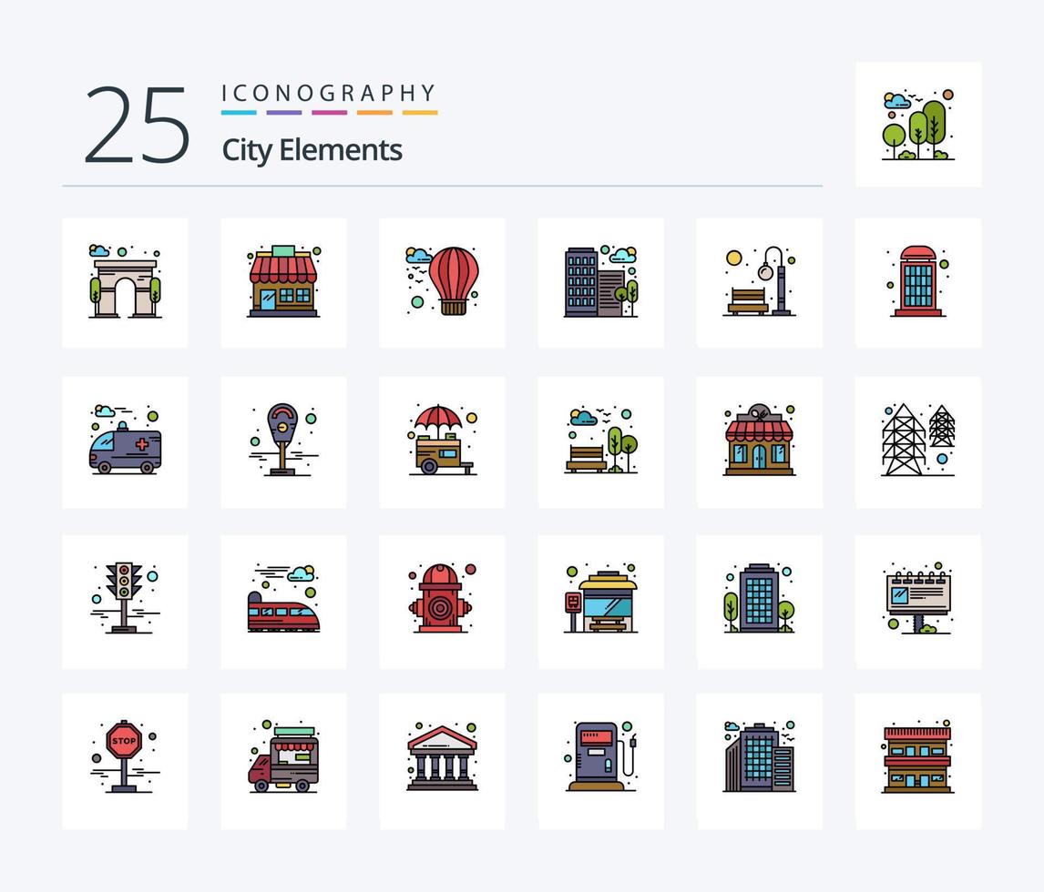paquete de iconos llenos de 25 líneas de elementos de la ciudad que incluye el parque. banco. aire. oficina. ciudad vector
