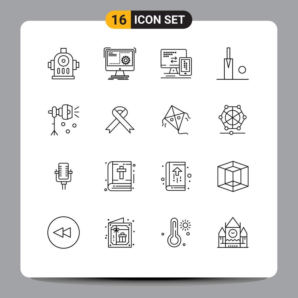 Set of 16 Commercial Outlines pack for lightning illumination computer stumps cricket Editable Vector Design Elements