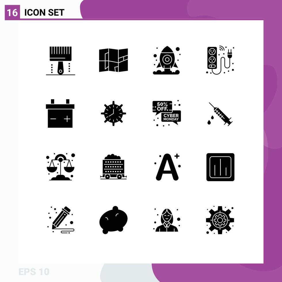 Set of 16 Commercial Solid Glyphs pack for clock energy cosmos electricity device Editable Vector Design Elements