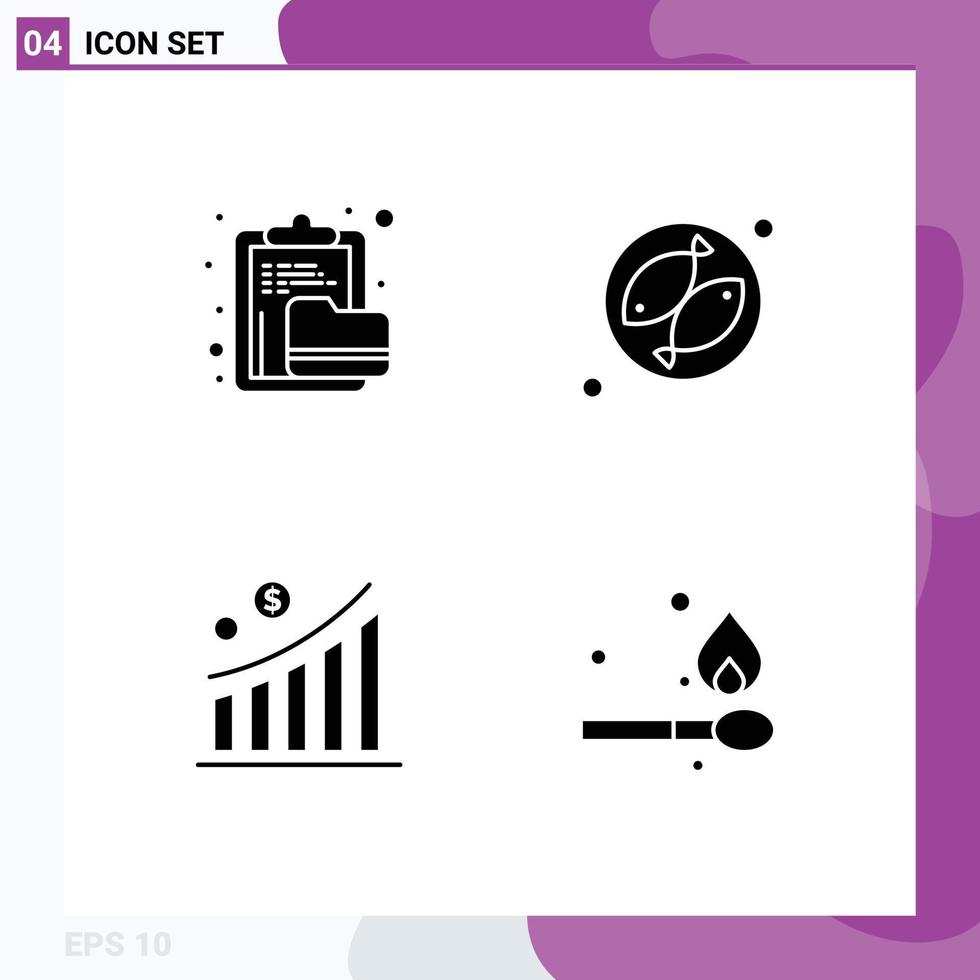 Pack of 4 Modern Solid Glyphs Signs and Symbols for Web Print Media such as archive graph file fish statistic Editable Vector Design Elements