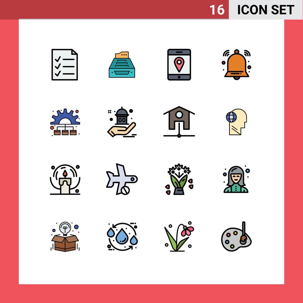 16 Universal Flat Color Filled Lines Set for Web and Mobile Applications management notification inbox bell mobile Editable Creative Vector Design Elements