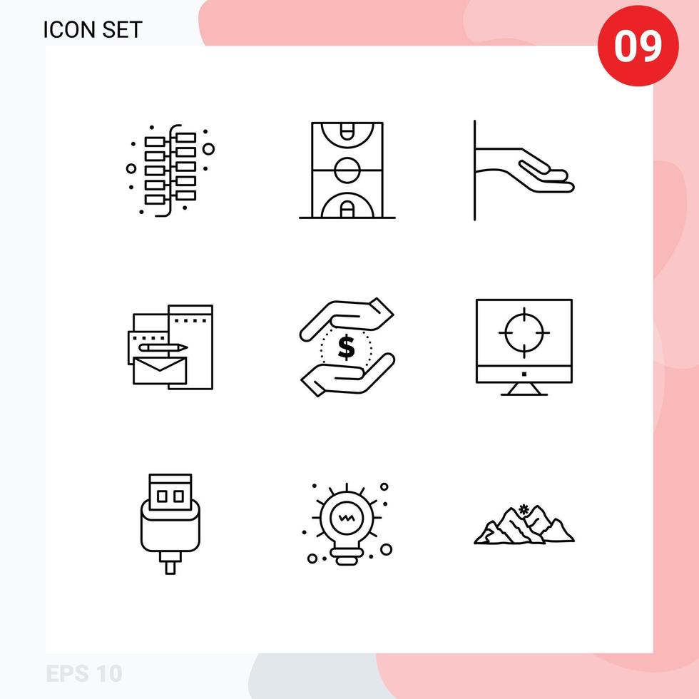 conjunto moderno de 9 contornos y símbolos, como limosnas de moneda manual, marca corporativa, elementos de diseño de vectores editables