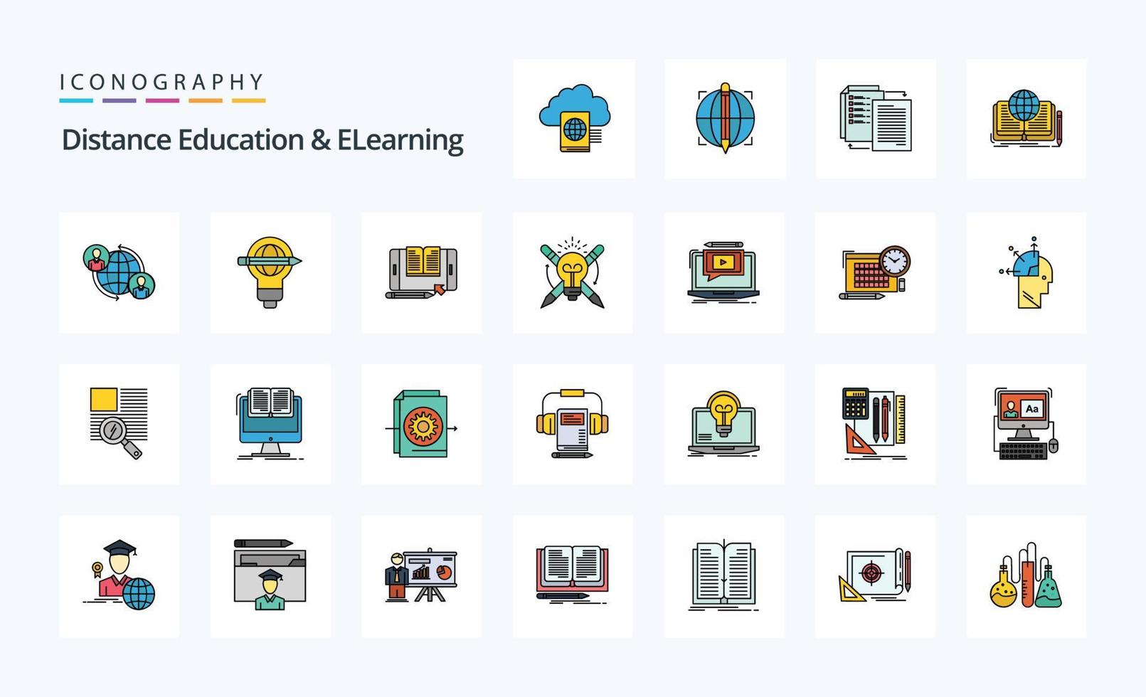 paquete de iconos de estilo lleno de línea de educación a distancia y e-learning de 25 vector