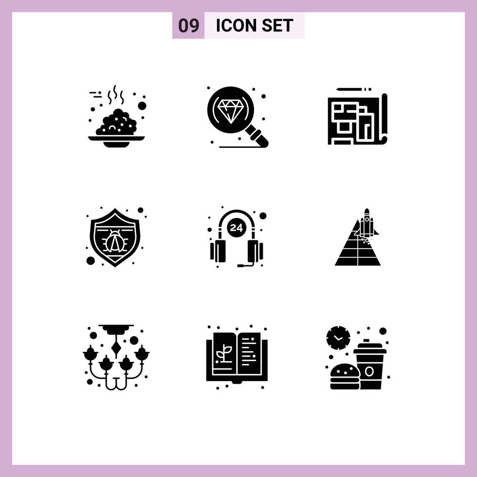 9 User Interface Solid Glyph Pack of modern Signs and Symbols of help bug architecture spam protection Editable Vector Design Elements