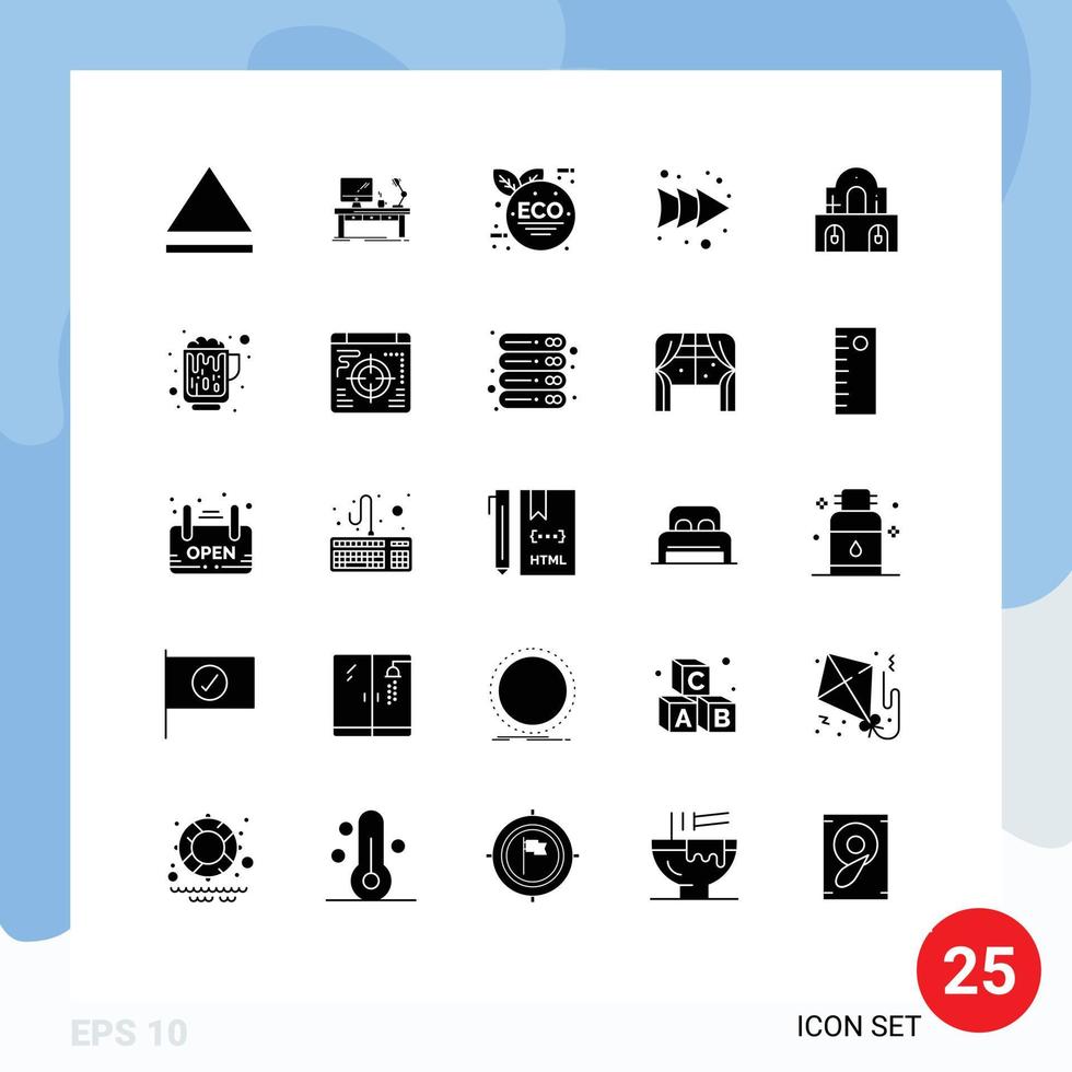 User Interface Pack of 25 Basic Solid Glyphs of easter christmas eco green building forward Editable Vector Design Elements