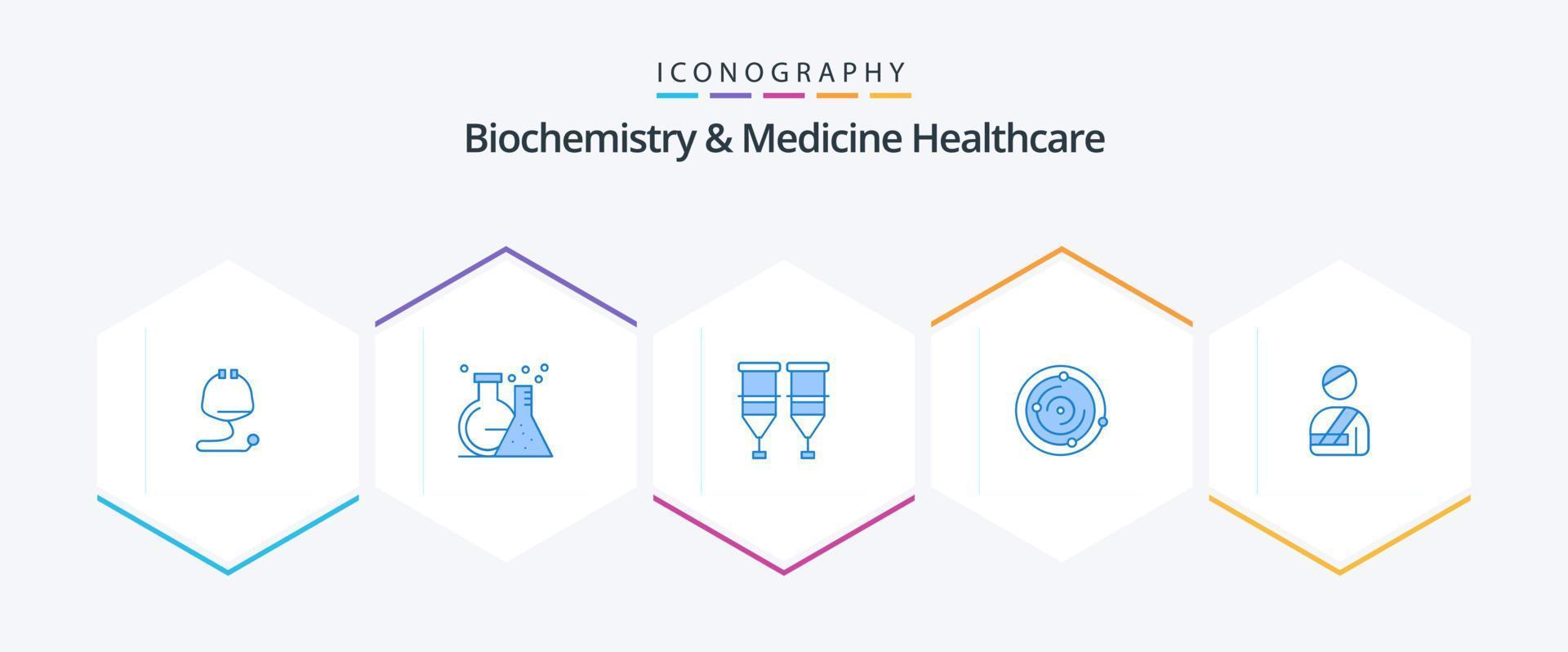 bioquímica y medicina cuidado de la salud 25 paquete de iconos azules que incluye al paciente. médico. sangre. universo transfusión vector