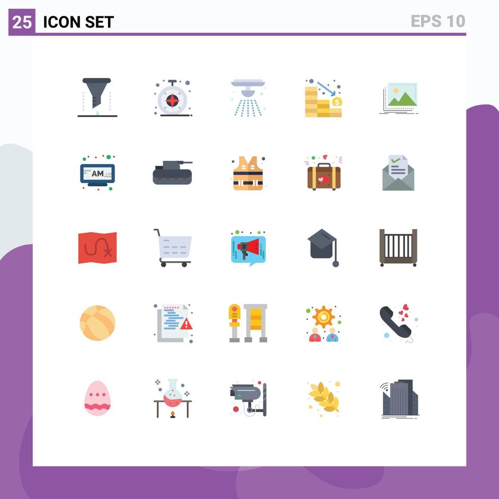 Flat Color Pack of 25 Universal Symbols of image down alarm loss analytics Editable Vector Design Elements