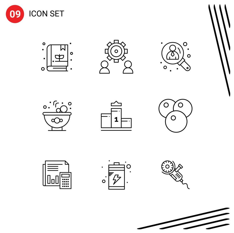 Set of 9 Modern UI Icons Symbols Signs for first place pedestal business salad bowl Editable Vector Design Elements