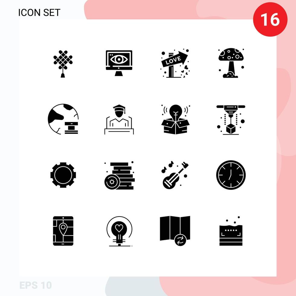 Set of 16 Modern UI Icons Symbols Signs for network data love cloud mushroom Editable Vector Design Elements