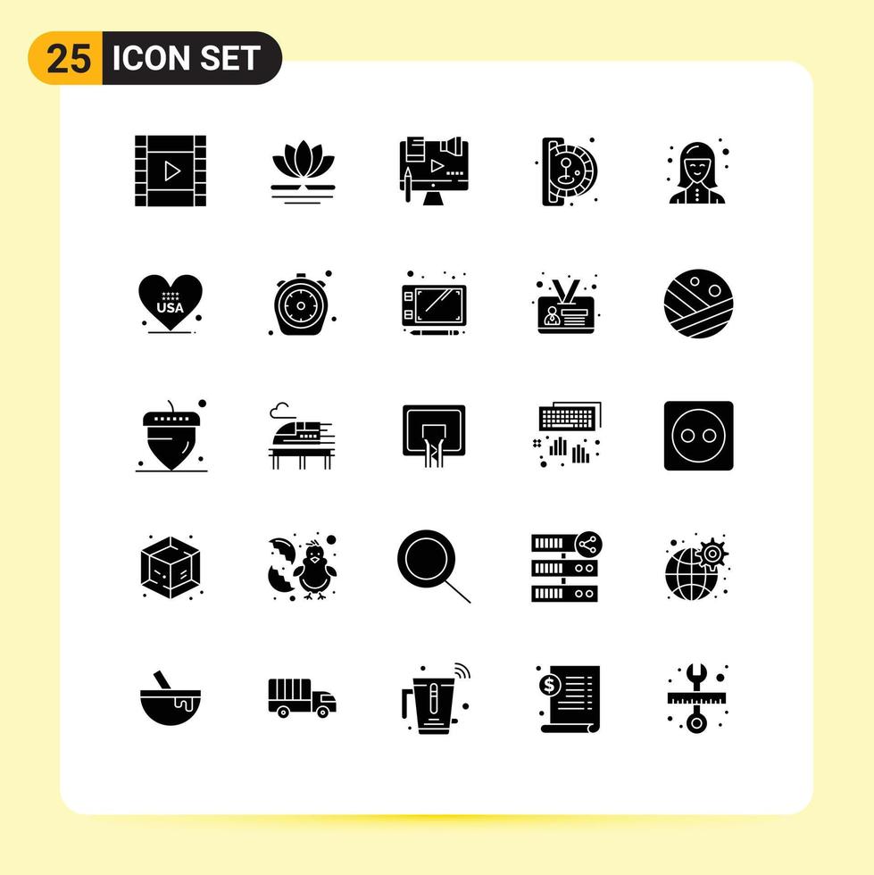 Pictogram Set of 25 Simple Solid Glyphs of expert play content game insert coin Editable Vector Design Elements