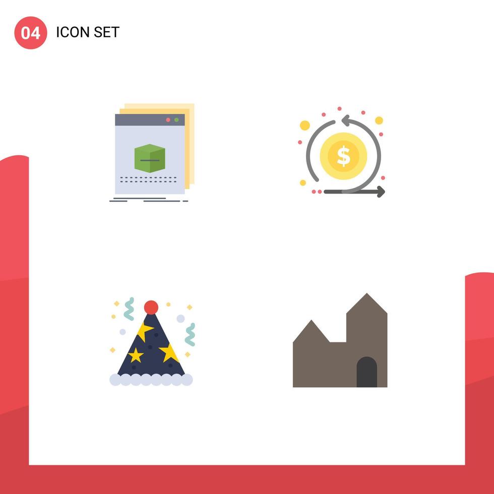 Group of 4 Modern Flat Icons Set for software birthday file flow fun Editable Vector Design Elements