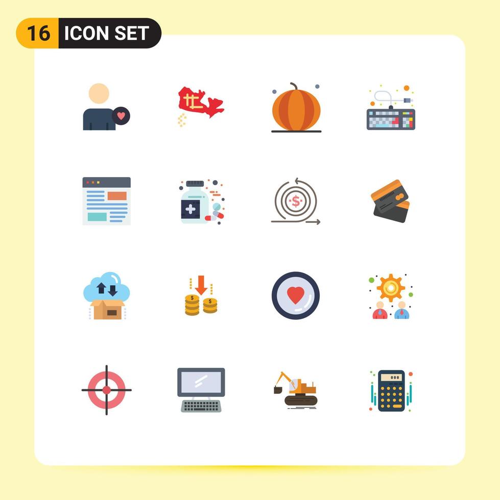 grupo de 16 signos y símbolos de colores planos para aplicaciones de desarrollo teclado de conexión de calabaza paquete editable de elementos de diseño de vectores creativos