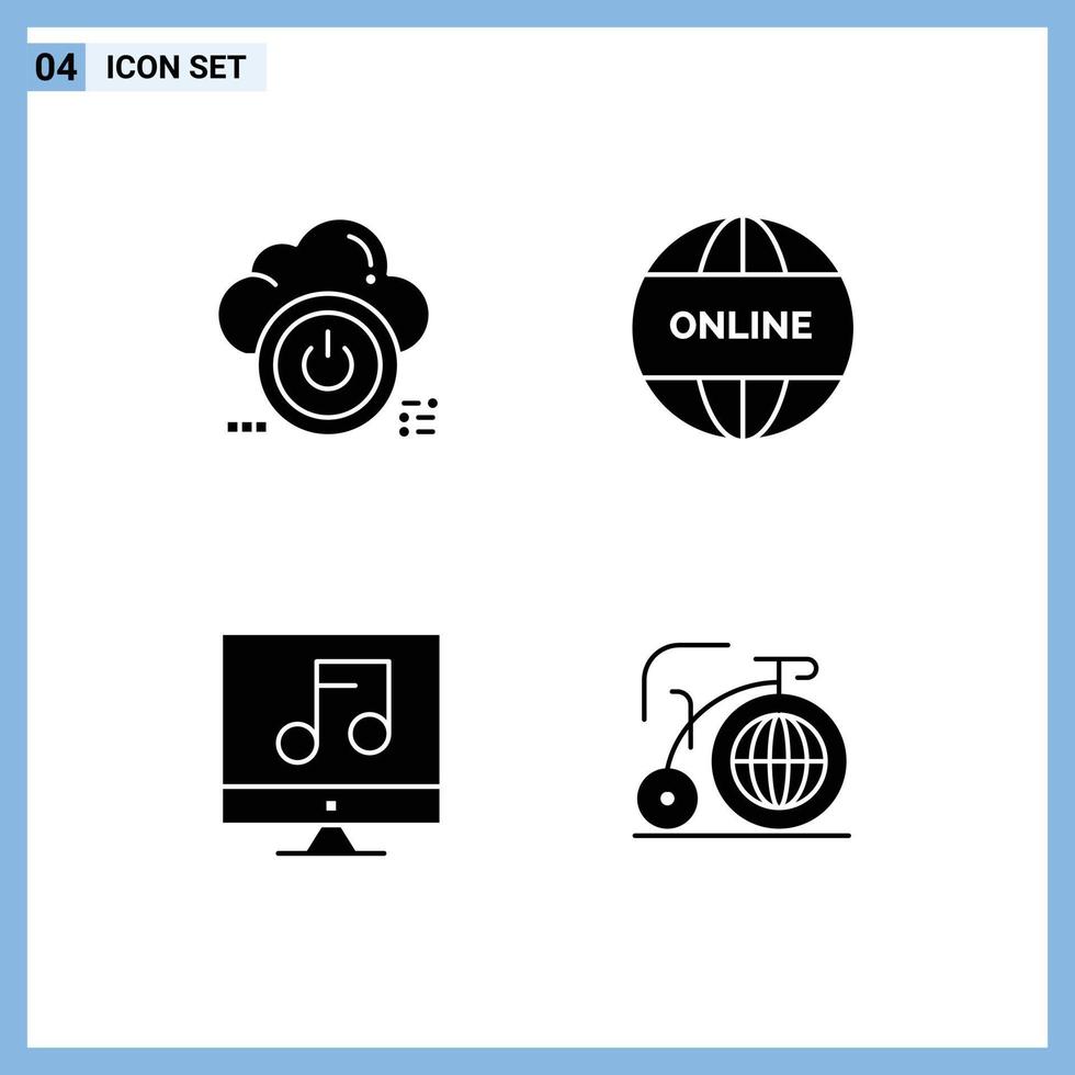 Solid Glyph Pack of 4 Universal Symbols of shutdown audio cloud online multimedia Editable Vector Design Elements