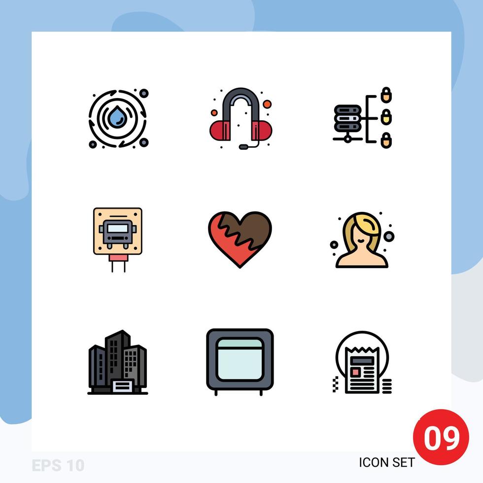 grupo de símbolos de icono universal de 9 colores planos de línea de relleno modernos de amor favorito servidor web seguro signo de corazón elementos de diseño vectorial editables vector