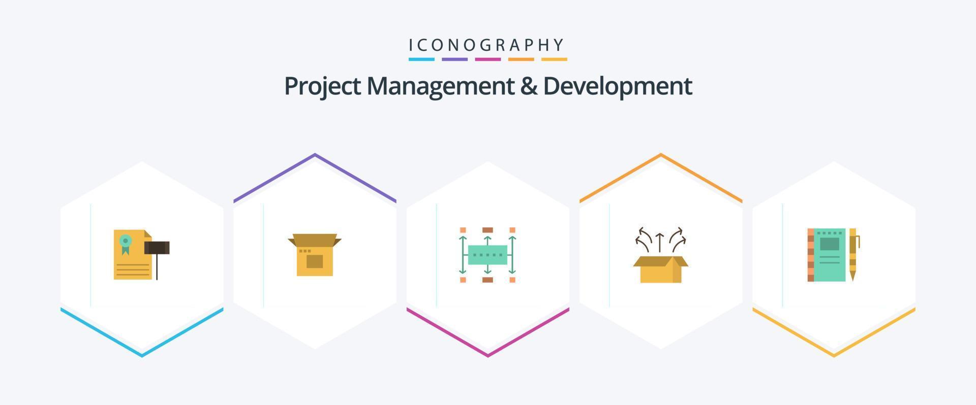 gestión y desarrollo de proyectos Paquete de 25 iconos planos que incluye el lanzamiento. liberar. producto. planificación. negocio vector